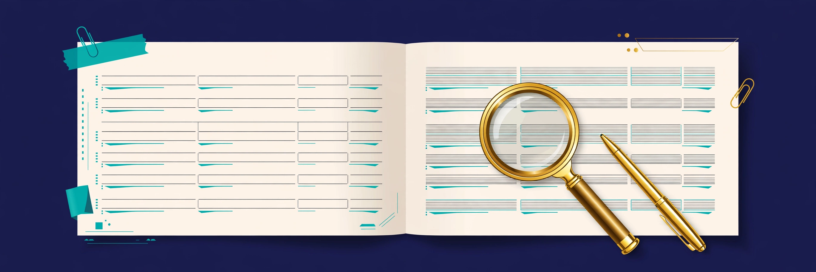 A credit officer desk with a six month bank statement spread out, a magnifying glass resting on the salary credit lines and balance columns, navy teal and gold editorial illustration