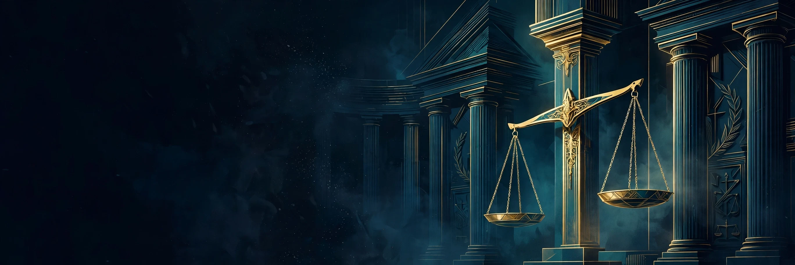 Editorial illustration of the scales of justice before classical courthouse columns, deep navy and teal with gold accents, no text