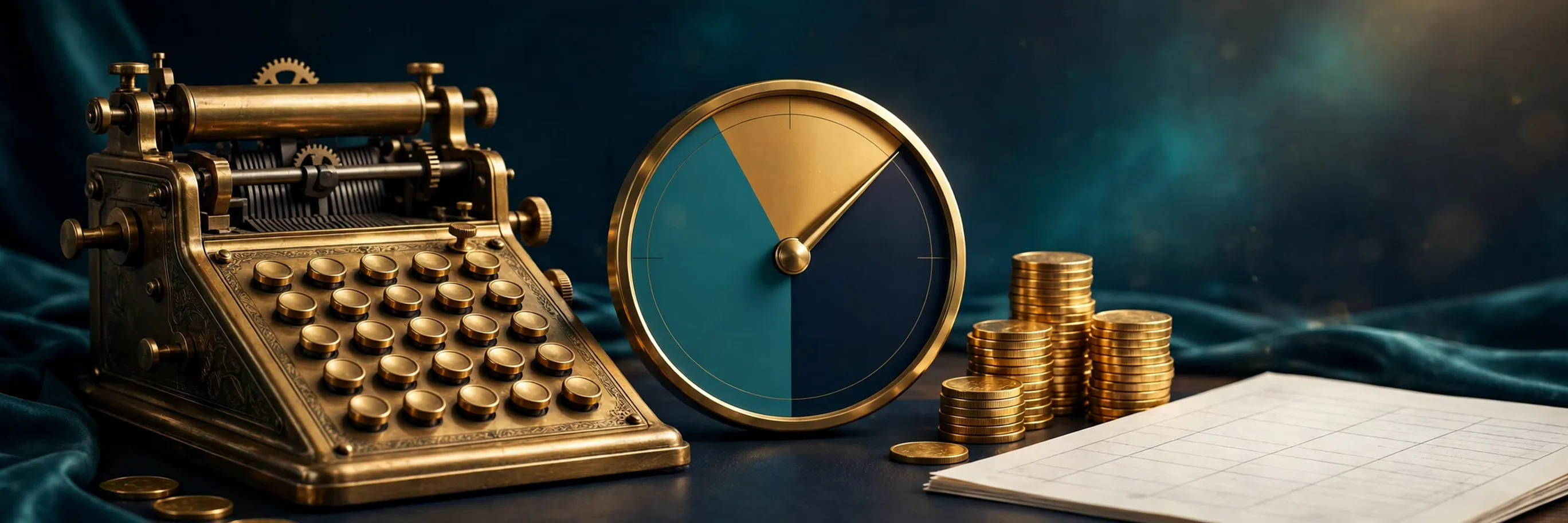 A calculator displaying a loan eligibility ratio gauge beside stacks of coins and an EMI ledger, navy teal and gold editorial illustration, no text