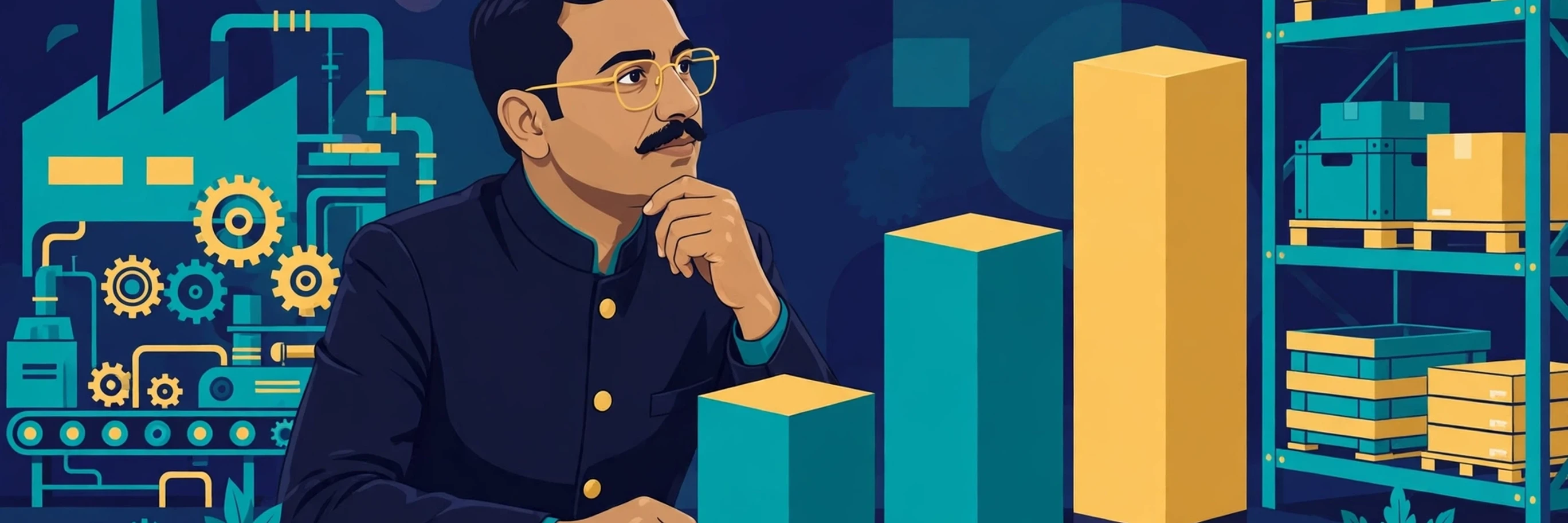 Editorial illustration of a business owner reviewing three ascending bars that show different working capital limits, with factory and warehouse motifs, deep navy and teal with gold accents, no text